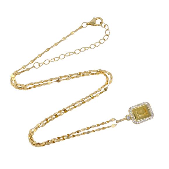 Gold-Tone Sterling Silver E Initial Cubic Zirconia Tinsel Chain Necklace 16"-18" - Picture 6 of 7